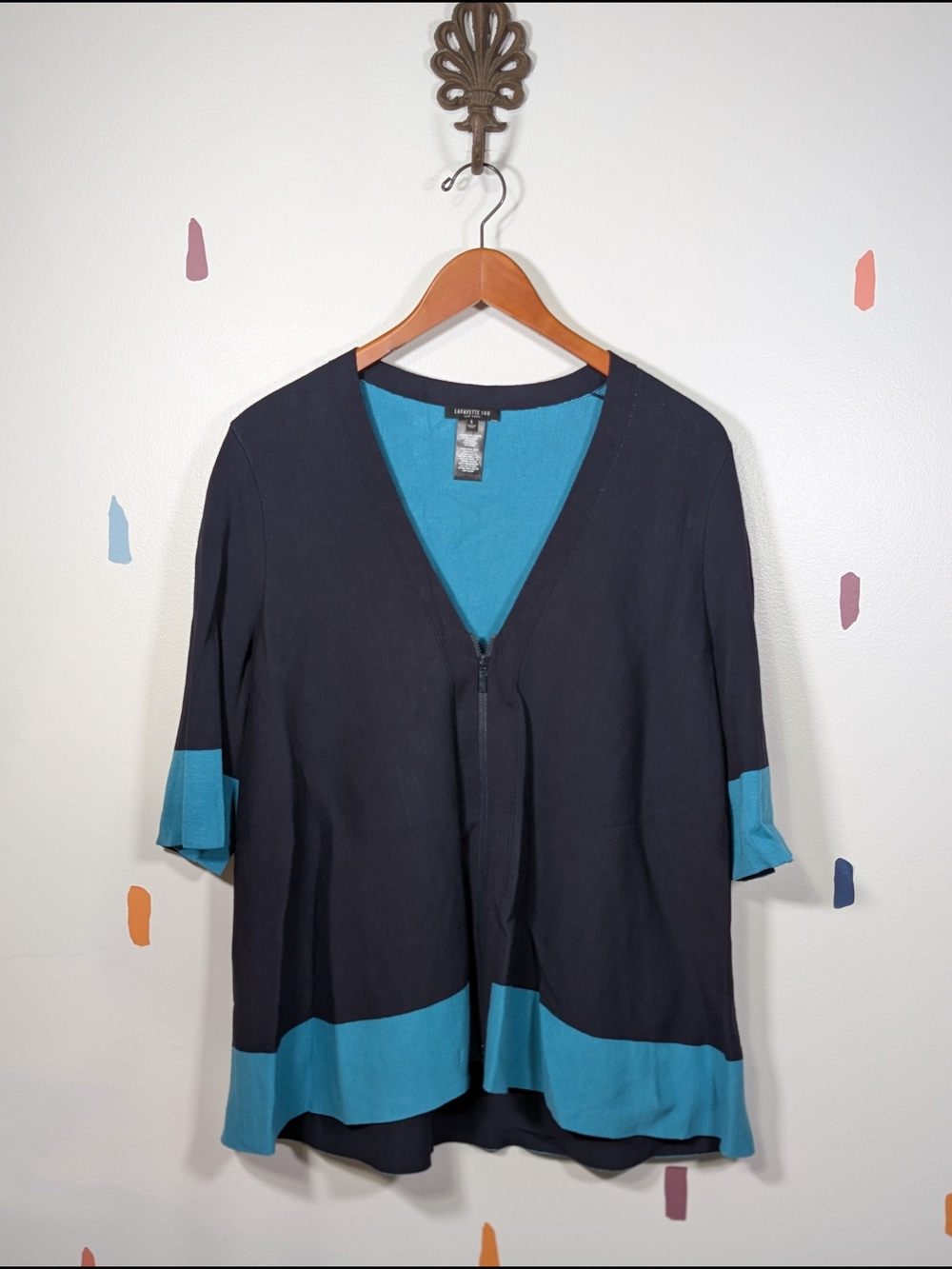 Lafayette 148 Two-Tone Navy and Teal Zip Front Cardigan